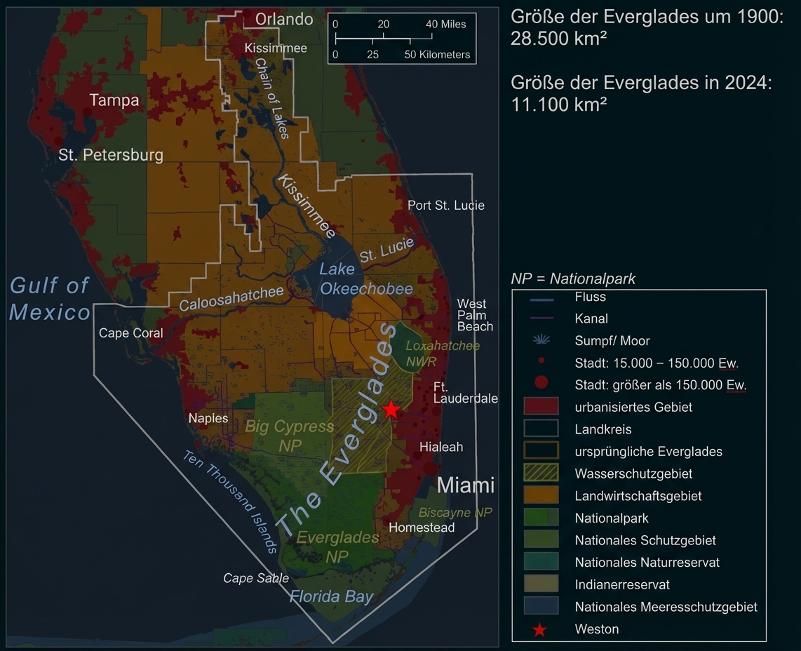 Landkarte von Süd-Florida, die den dramatischen Rückgang der Everglades zwischen 1900 (28.500 km²) und 2024 (11.100 km²) zeigt. Die Karte markiert Städte, Nationalparks, landwirtschaftliche Flächen und Wasserschutzgebiete sowie den Ort Weston mit einem roten Stern.